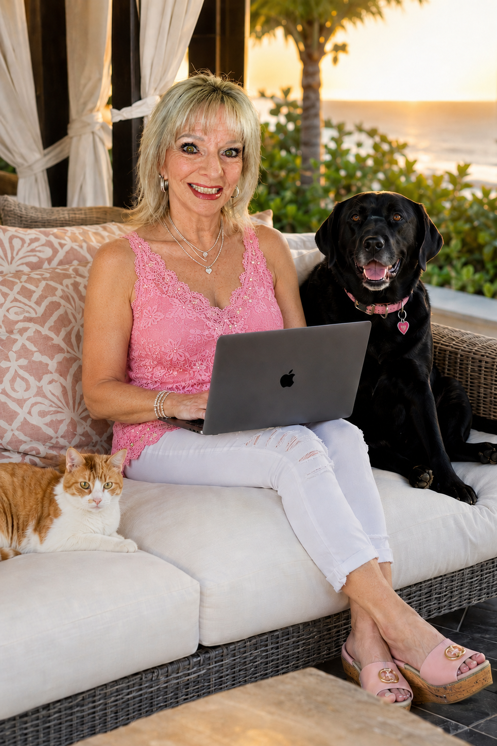 Amy Swayze working on her MacBook with her dog and cat